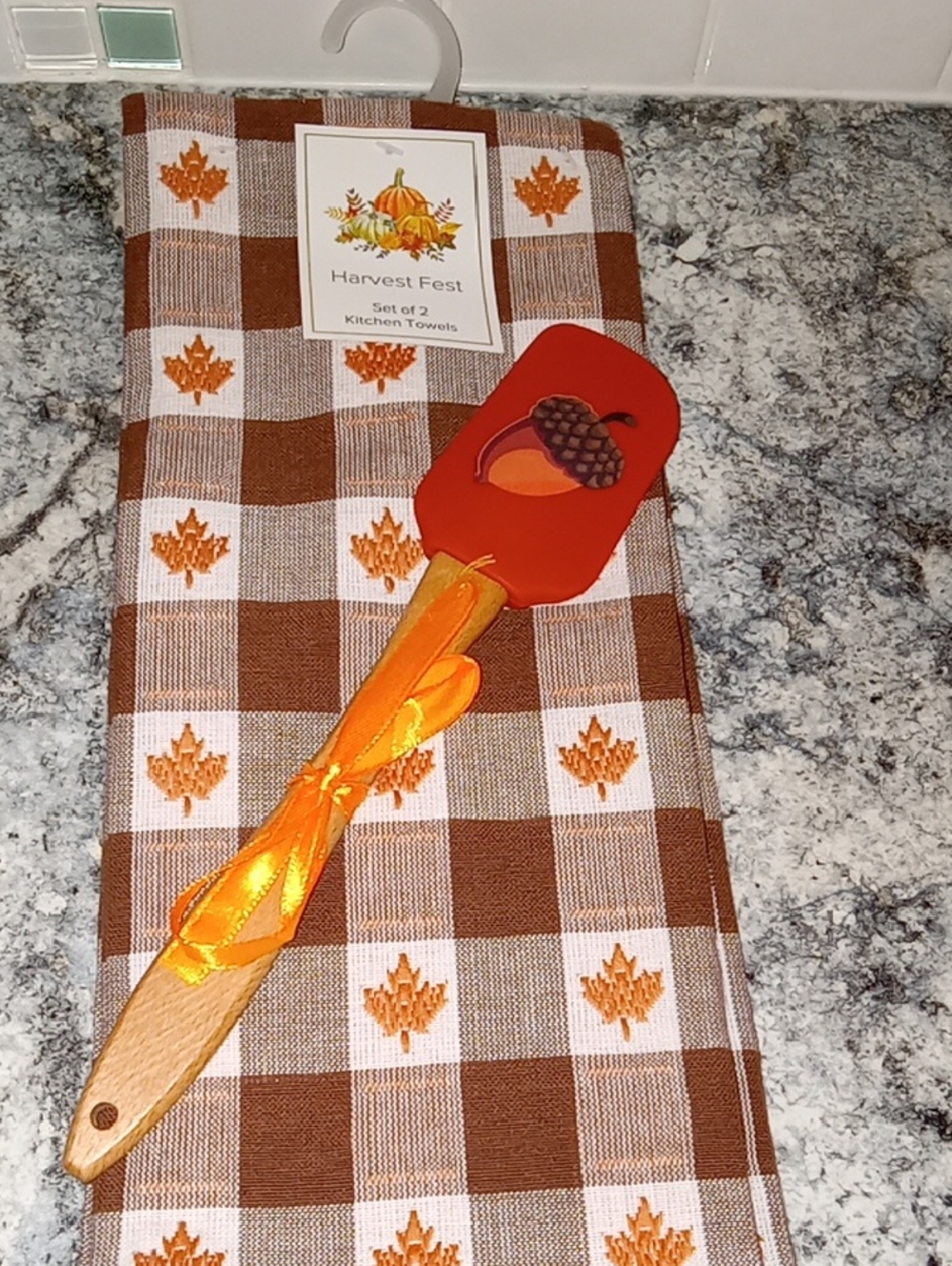 Harvest Fest Orange & Brown Check Kitchen Towel Set Of 2 with Autumn Spatula